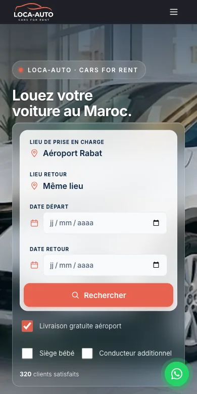 Version mobile du site démo : recherche fixe, lieu, dates, bouton Rechercher, contact WhatsApp flottant.