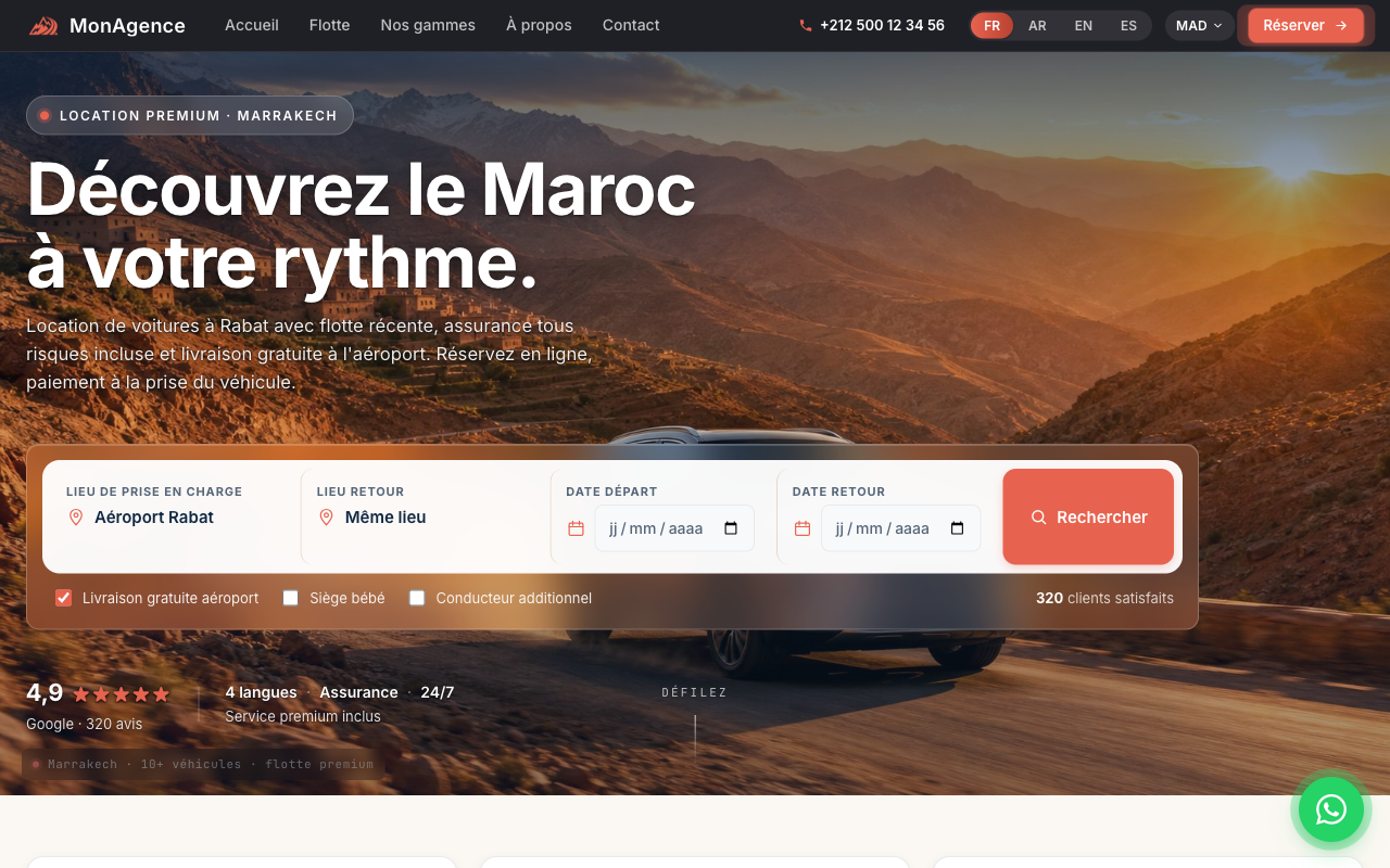 Page d'accueil du site démo : hero avec image grande, formulaire de recherche, badge clients satisfaits.