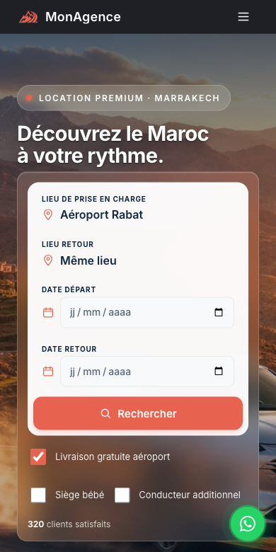 Version mobile du site démo : recherche fixe, lieu, dates, bouton Rechercher, contact WhatsApp flottant.